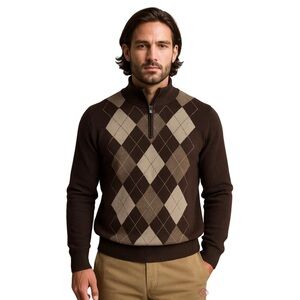 Paolo Mondo Men's 100% Cashmere Argyle Sweater Brown Tan Office Holidays Large
